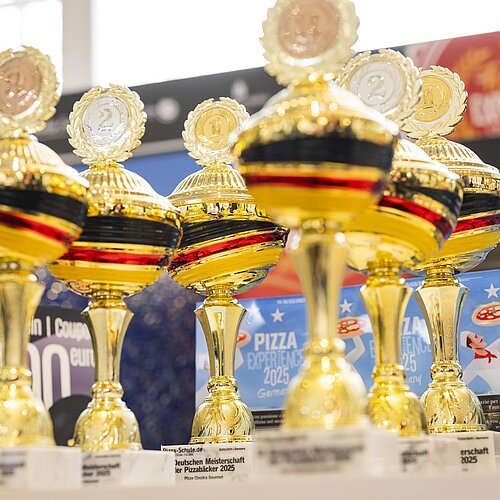 Auf einem Tisch sind goldene Pokale zur Deutschen Pizza Meisterschaft 2025 gesammelt.